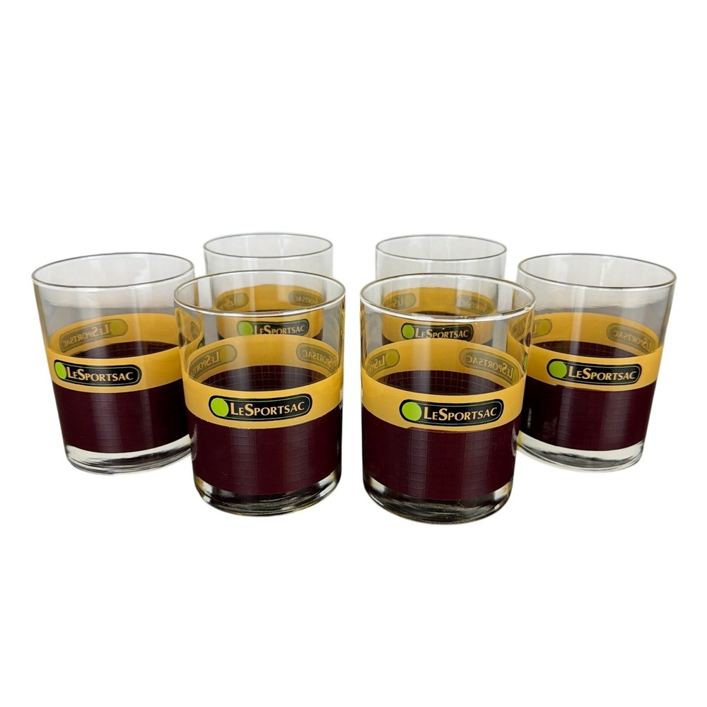Vtg‎ LeSportsac Logo Glasses Set of 6 Yellow/Maroon Band Tumblers Retro Barware